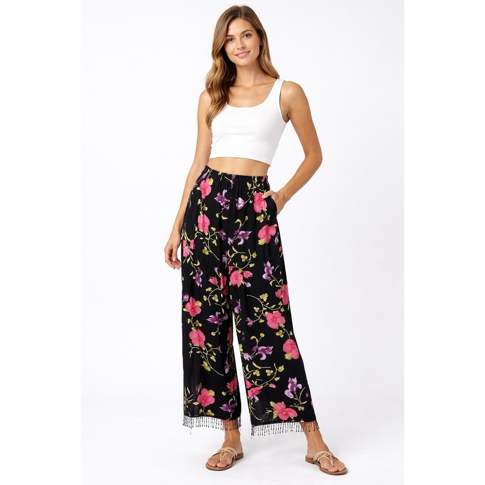 Vintage‎ Key Lime Pie Pants Floral L Black Beaded Fringe High Rise Boho Festival